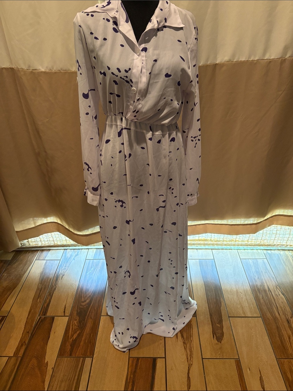 White Maxi Shirt Dress with Purple Paint-Splatter Print